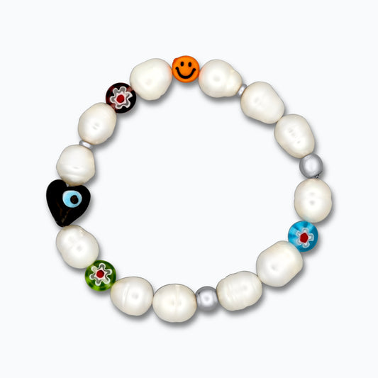 Pearls, Black Heart & Orange Smiley Bracelet